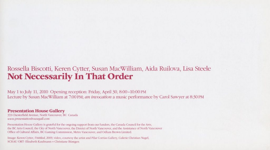 Not Necessarily in that Order, Gallery Invitation, Back