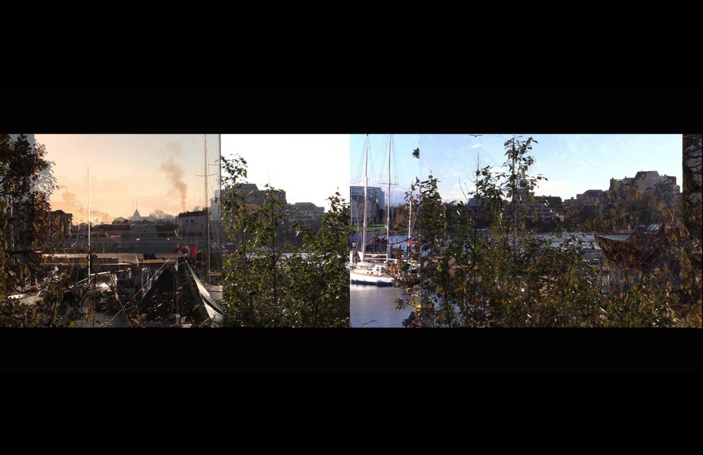 Emily Geen, two simultaneous recordings of four simultaneous images (still), 2014, digital video, 10:00 loop