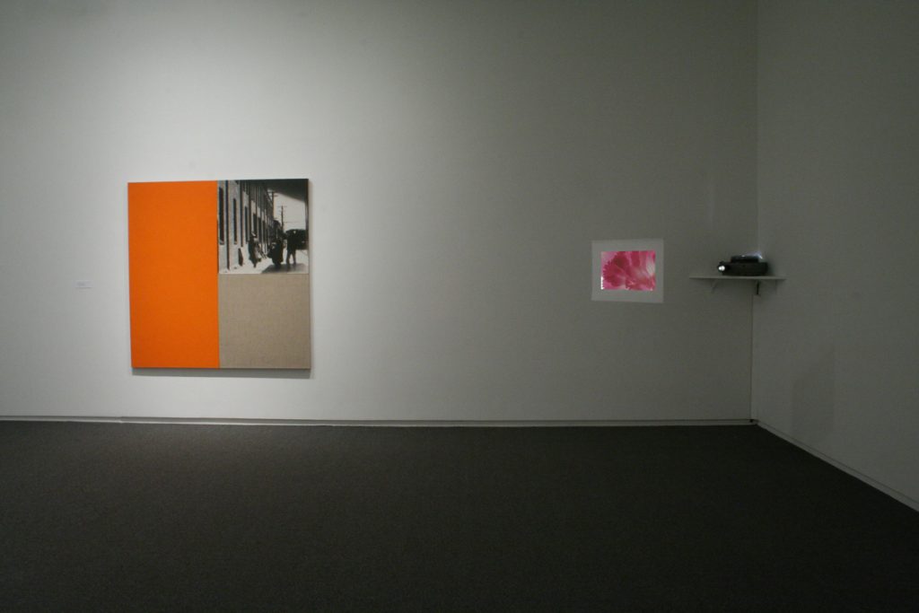 Ian Wallace's Poverty Image with Orange, 1987, Photolaminate with acrylic on linen and Laiwan's she who has scanned the flower of the world.., 1987,  Petals, slide mounts, slide projector