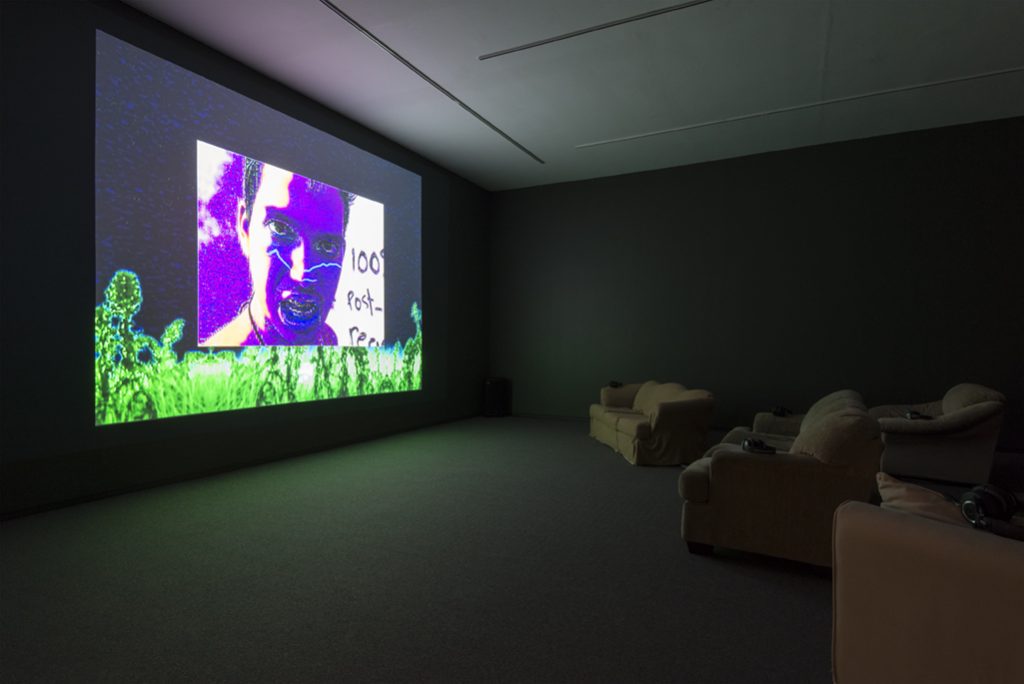 Installation view, My House: Mike Kelley & Ryan Trecartin, Presentation House Gallery, December 19, 2015 – March 6, 2016; Ryan Trecartin, A Family Finds Entertainment, 2004, video. Courtesy Presentation House Gallery and Site Photography.