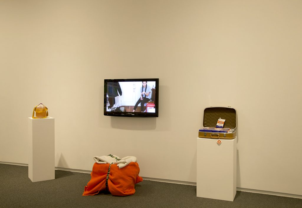 Tricia Livingston, What is Good for the Future, What Was Good For the Past, 2016, video, 27 bricks of yeast, milk jug, woven hunting bag, Rubbermaid bin and blankets