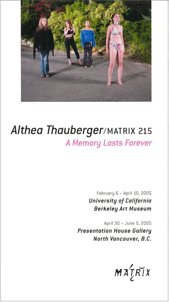 Cover of the exhibition brochure: A Memory Lasts Forever (production still), 2004; singlescreen DVD installation with sound; courtesy of the artist.