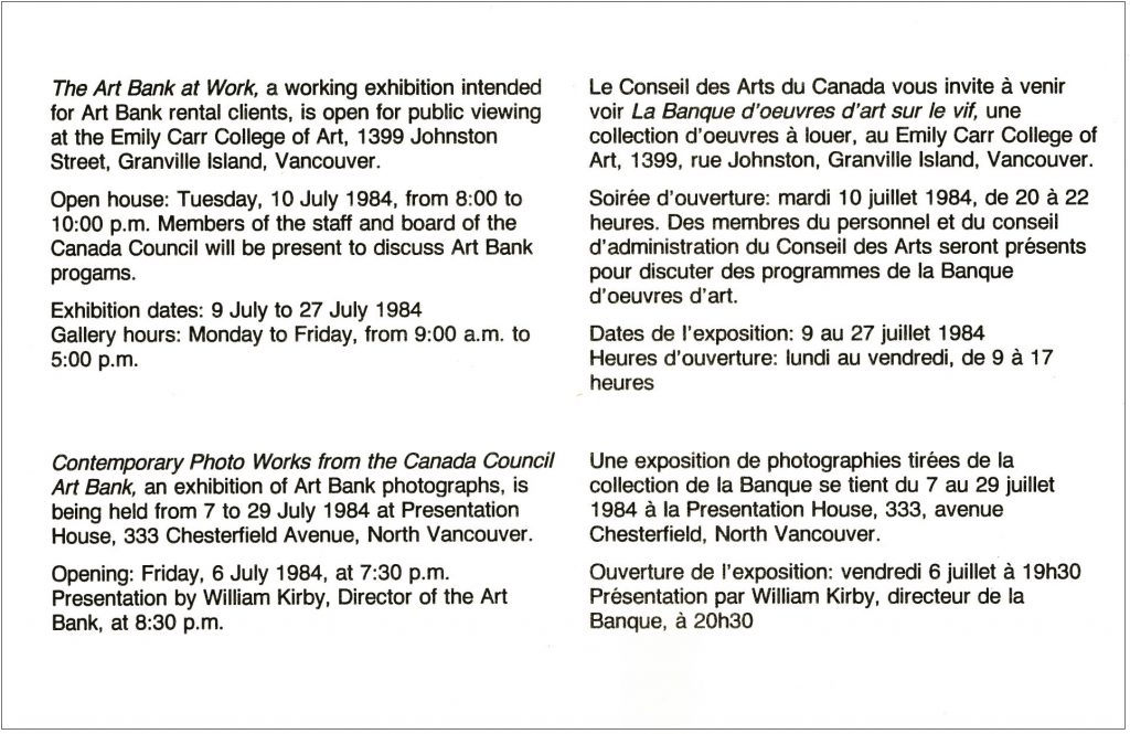 canada council art bank, Gallery Invitation - front