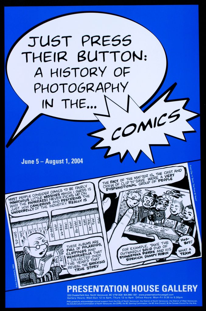 Poster for the exhibition "Just Press Their Button: A History of Photography in the Comics"