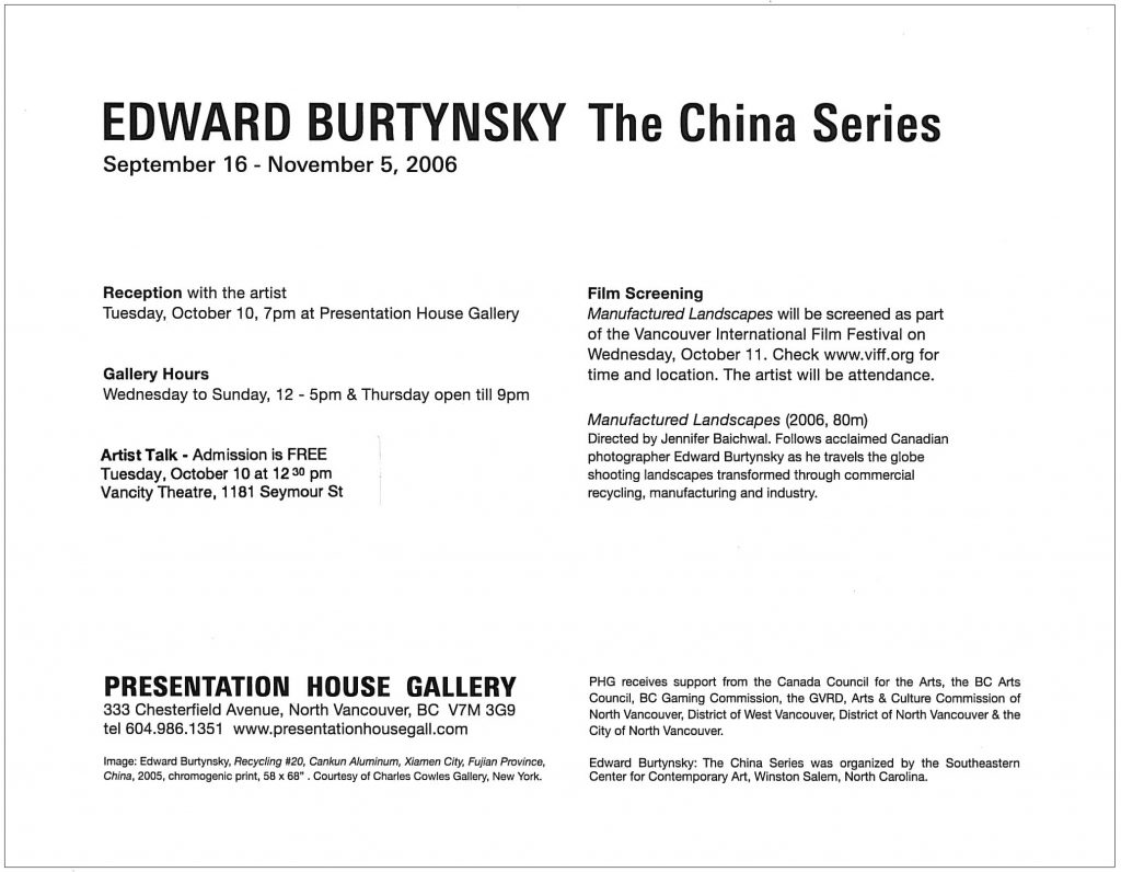 Burtynsky, Gallery Invitation - back