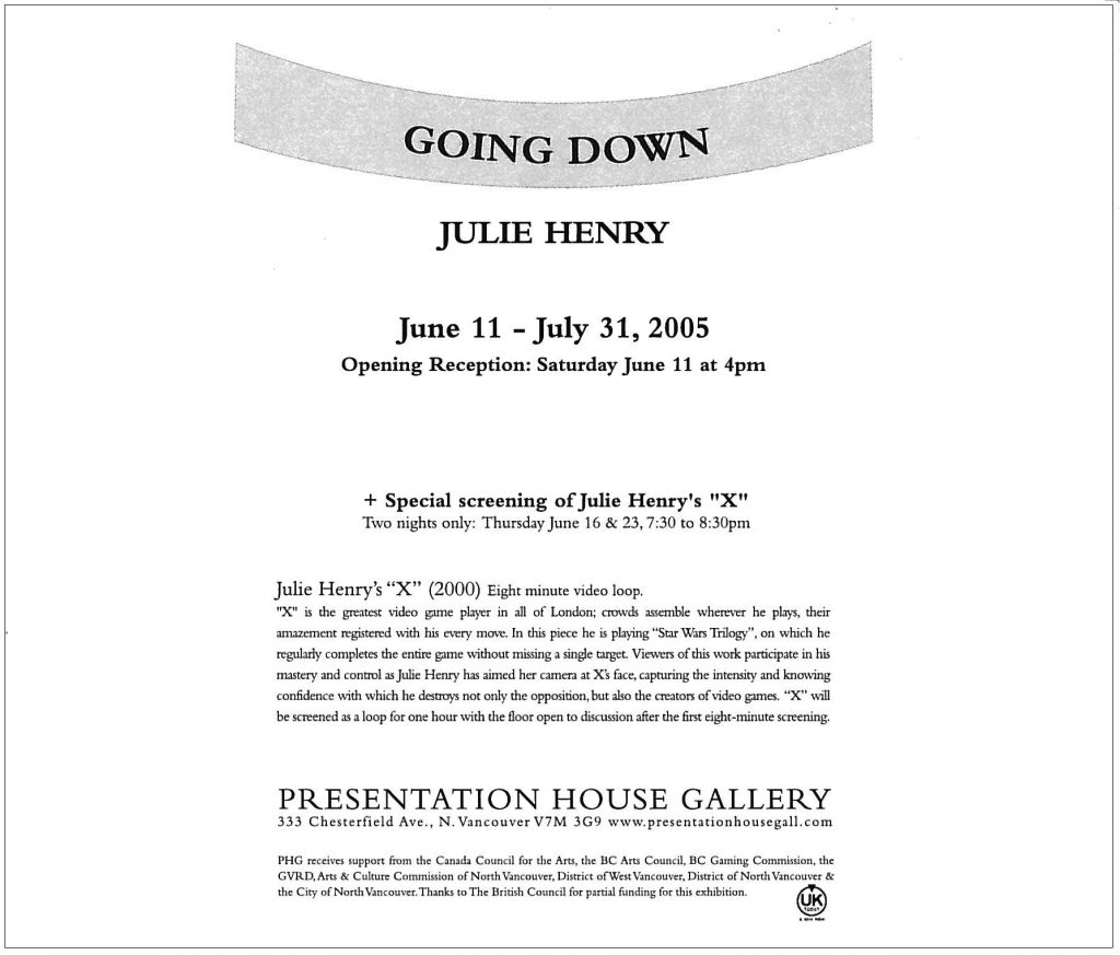 Going Down, Julie Henry, Gallery Invitation - back