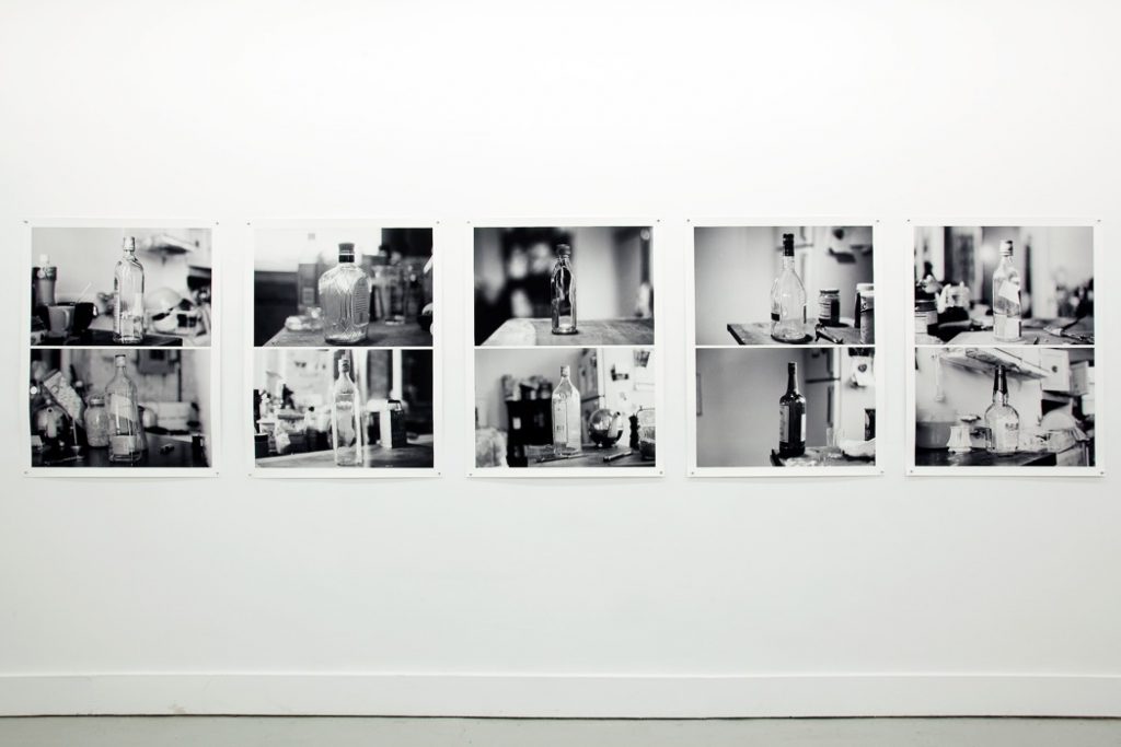 Moyra Davey, Bottles, 2013, set of 5 diptychs, each 76.2 x 101.6 cm, printed on Hahnemuhle Photo Rag Ultra Smooth 305 GSM, courtesy goodwater, Toronto and Murrary Guy, New York