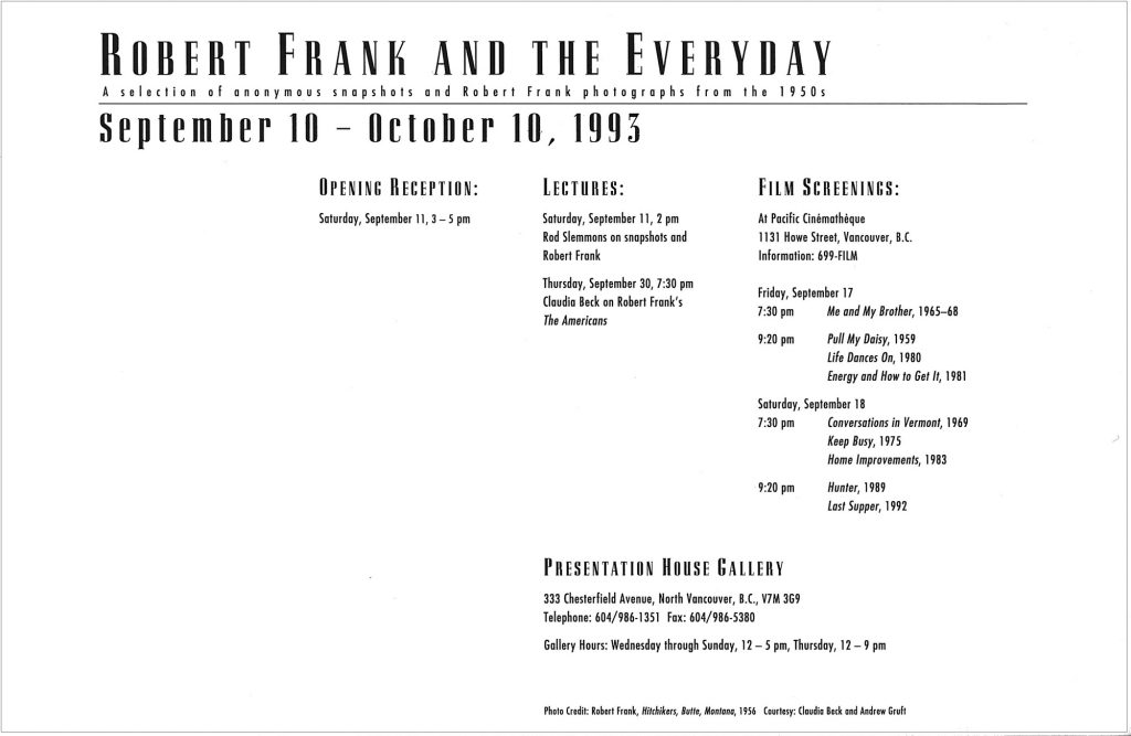 Robert Frank, the everyday, Gallery Invitation - back