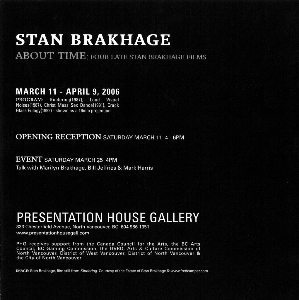 Stan Brakhage, Gallery Invitation - back