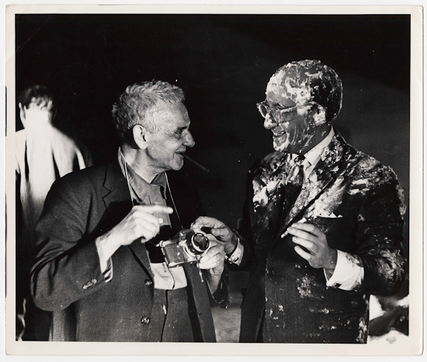 Unidentified Photographer, [Weegee and Peter Sellers after the famous pie scene on the set of Dr. Strangelove or: How I Learned to Stop Worrying and Love the Bomb], 1963, Courtesy International Center of Photography