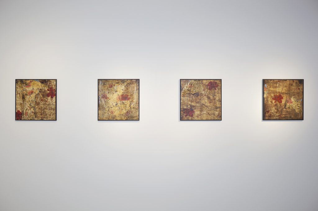 Installation view, Susan Hiller, "Homage to George Bataille, The Dirty Paintings", 1990, dispersion, ink and dirt on canvas-mounted wallpaper, 8 panels, each panel: 40.1 x 40.1 cm, © Susan Hiller, courtesy Lisson Gallery