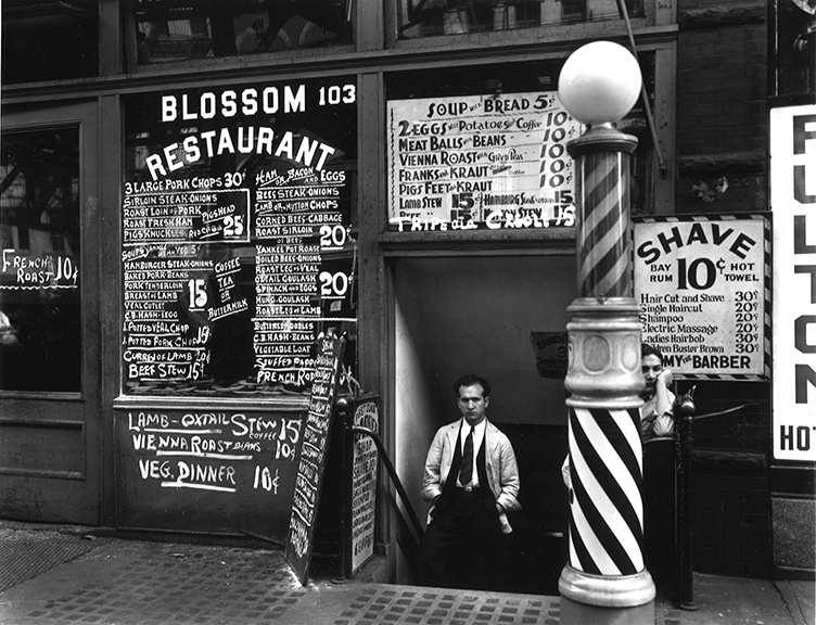 Berenice Abbott, Blossom Restaurant, 103 Bowery, Manhattan. 1935. gelatin silver print (printed later)